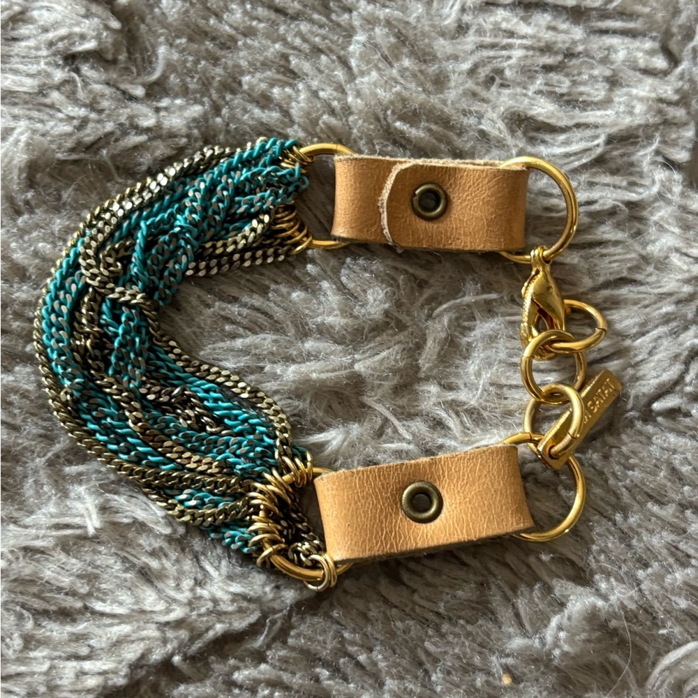 Hagar Satat Chic Gold, Teal Chain Bracelet with Leather Accents